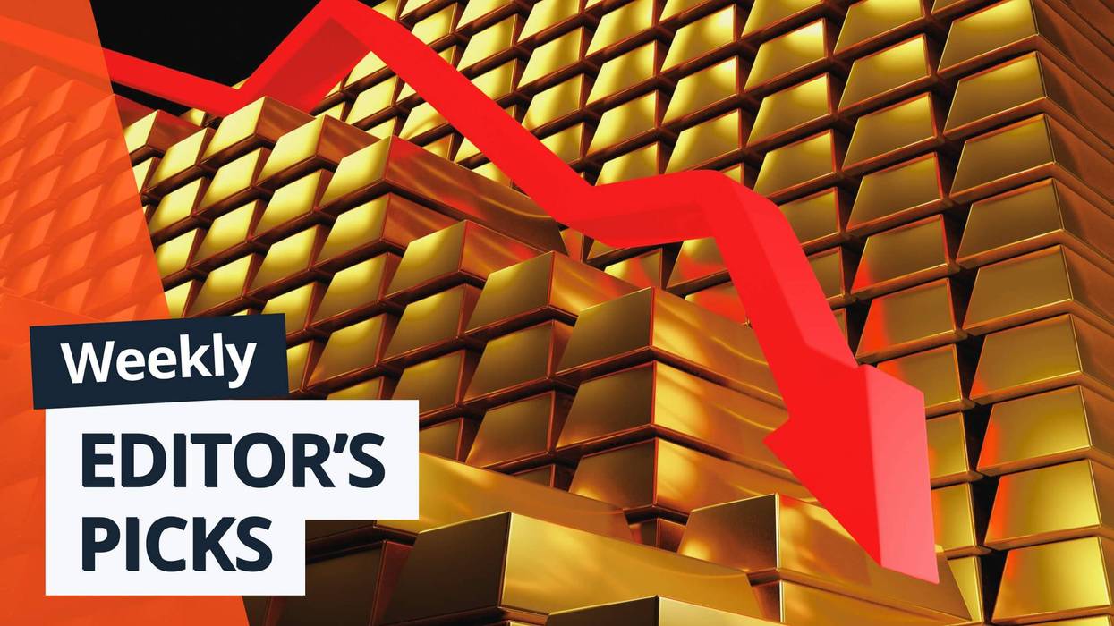 "Weekly Editor's Picks" text over background of stacked gold bars with red down arrow.