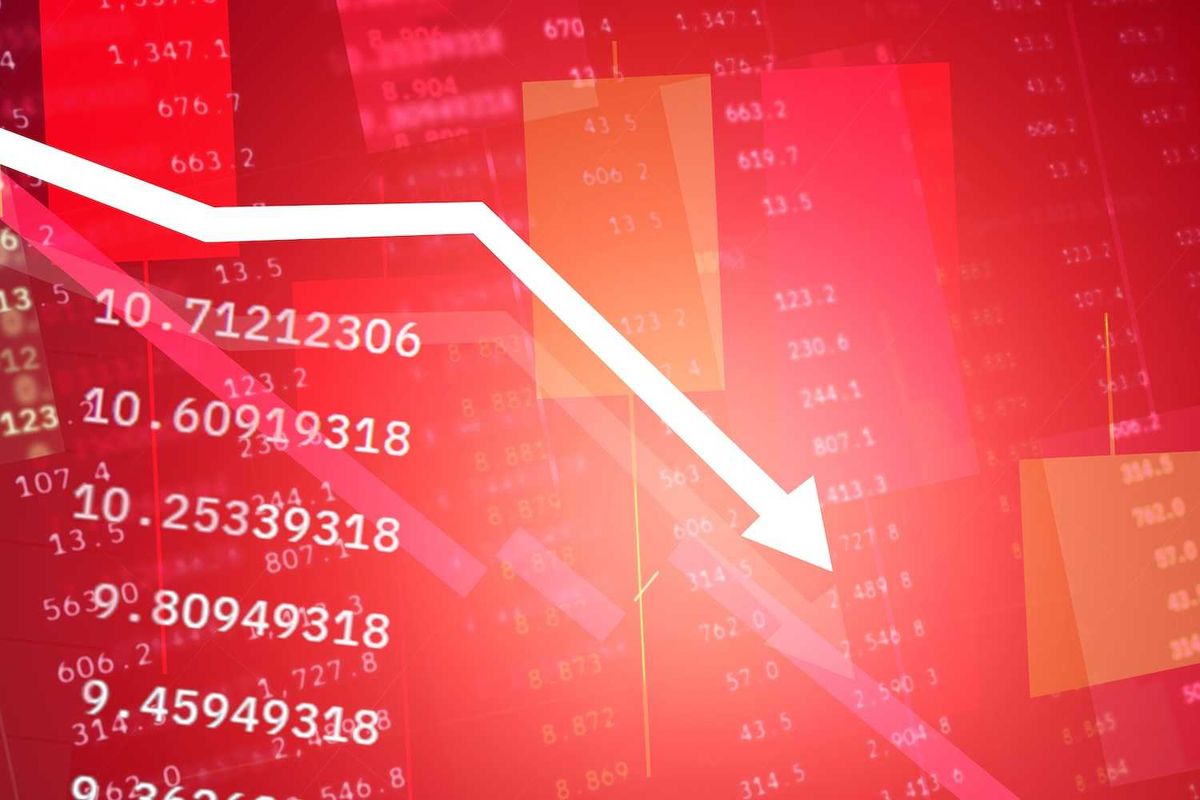 White arrow on red background indicating stock market decline.