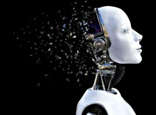 white humanoid robot with shattered back of head
