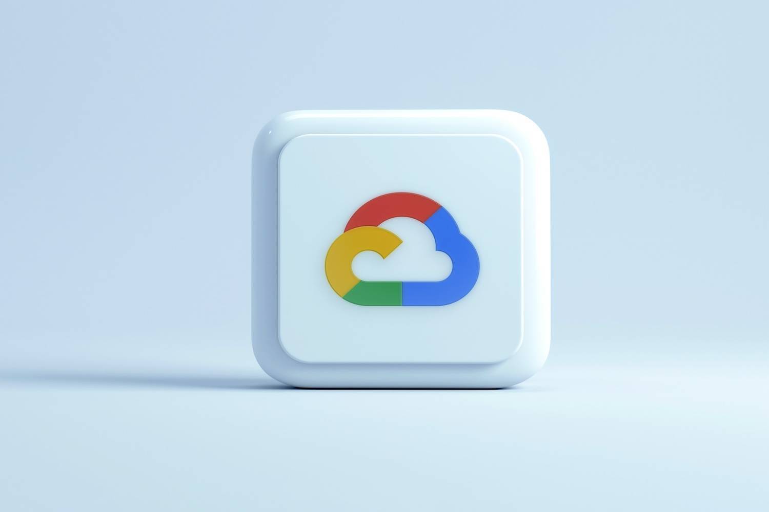 White square block with a multi-colored cloud logo sits on a light blue background.