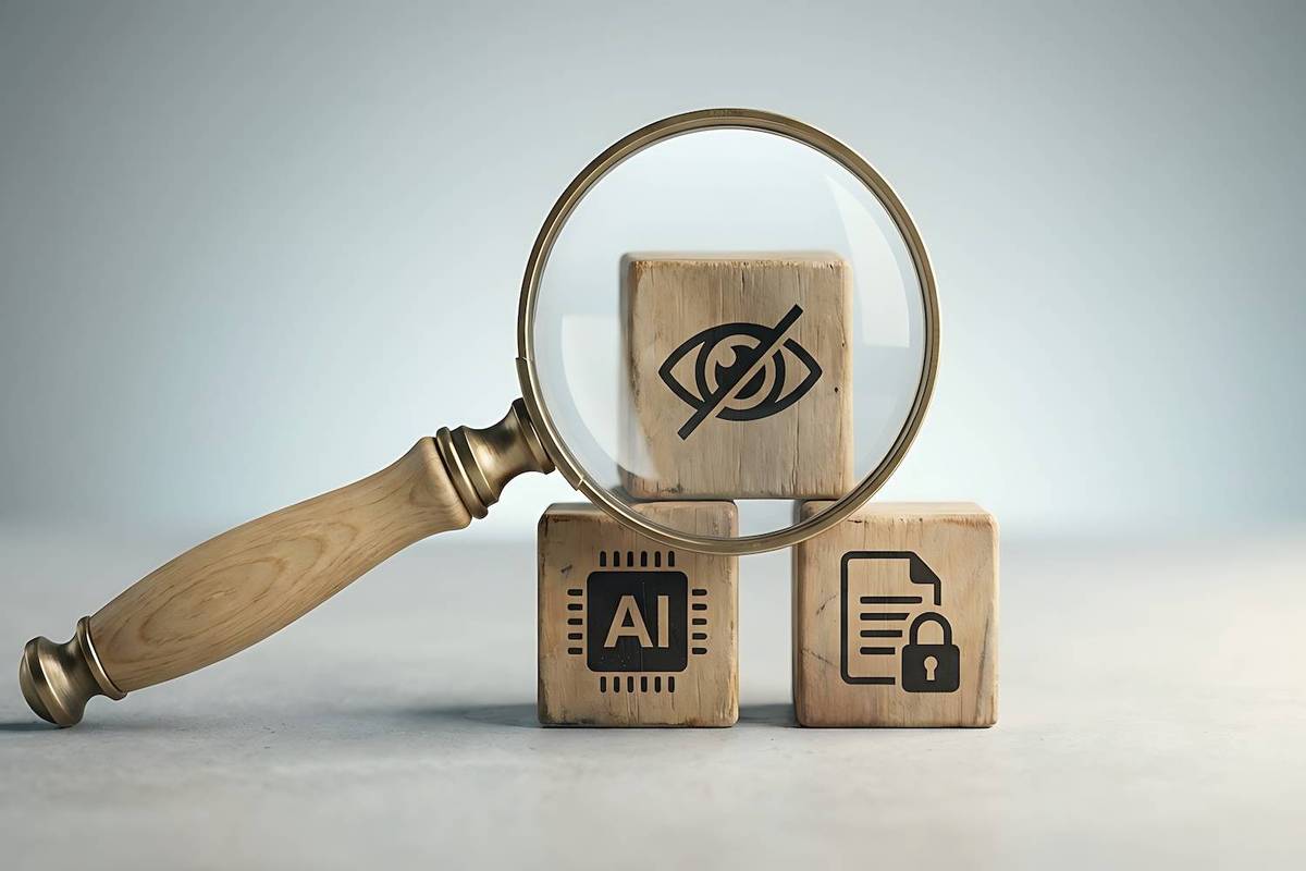 Wooden blocks with AI, privacy, and security icons under a magnifying glass.