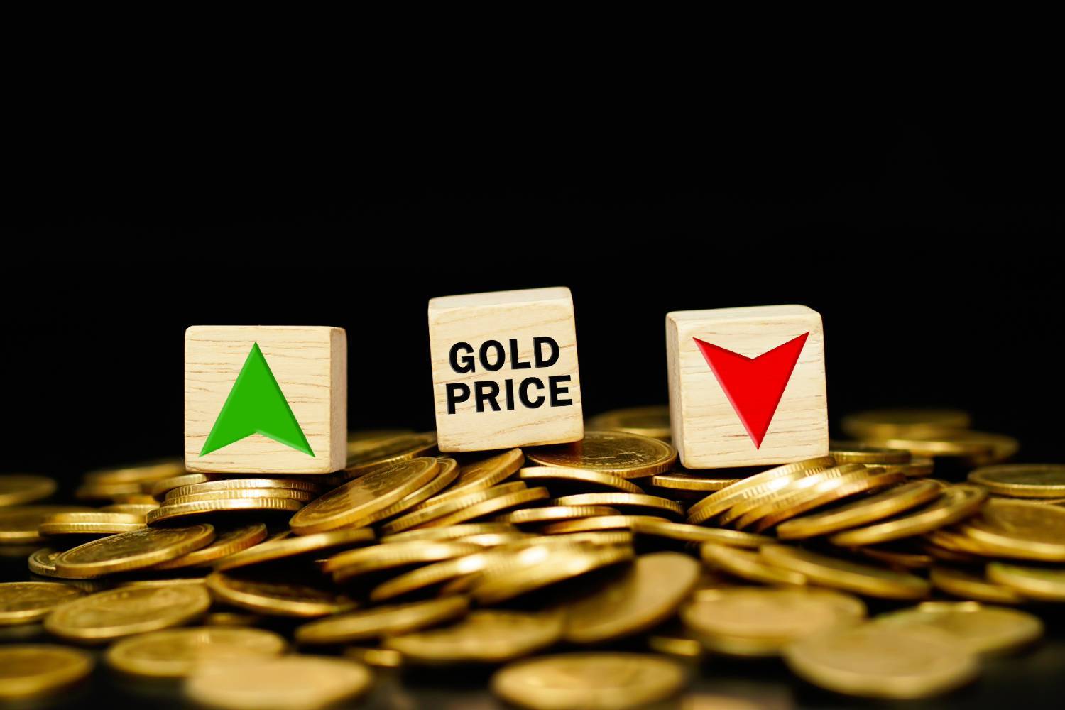 Wooden blocks with arrows and "GOLD PRICE" text sit on piles of gold coins against a black background.