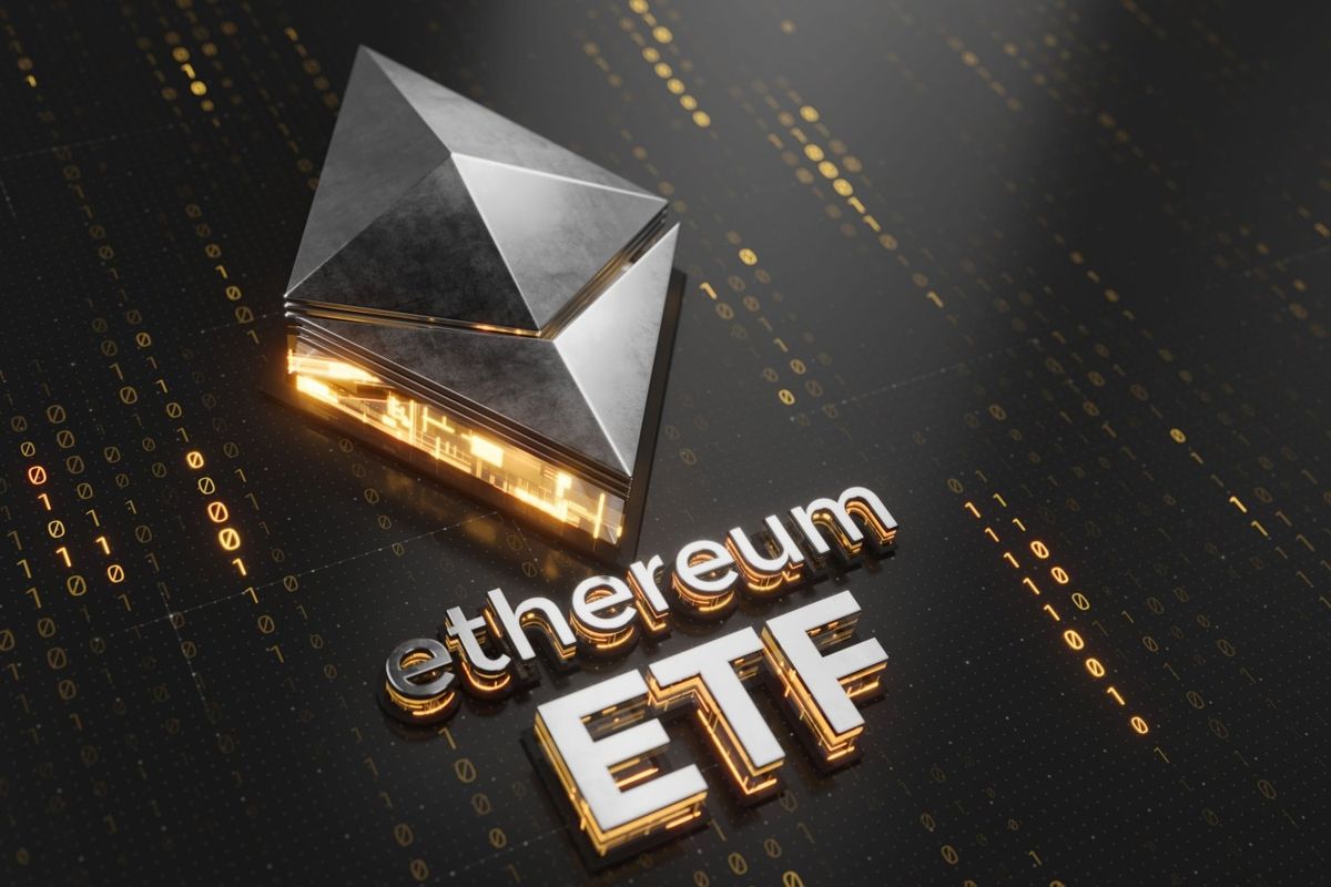 Words saying "Ethereum ETF" and logo in silver on top of gold binary numbers and black background.
