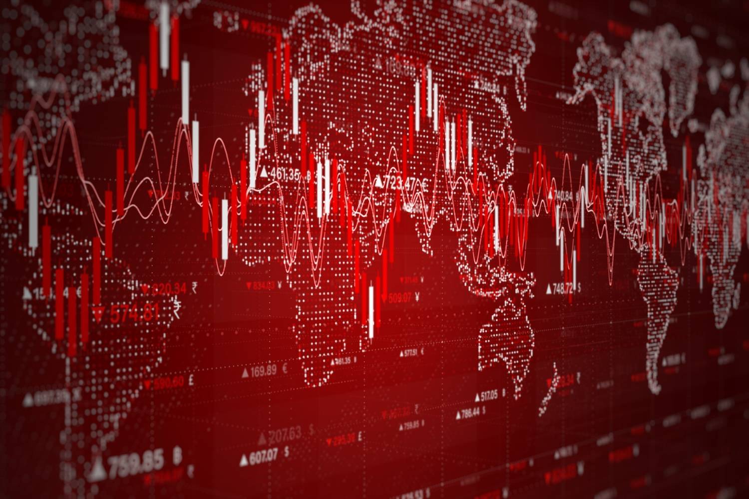 World map on red background featuring stock market graphs and numeric data overlays.