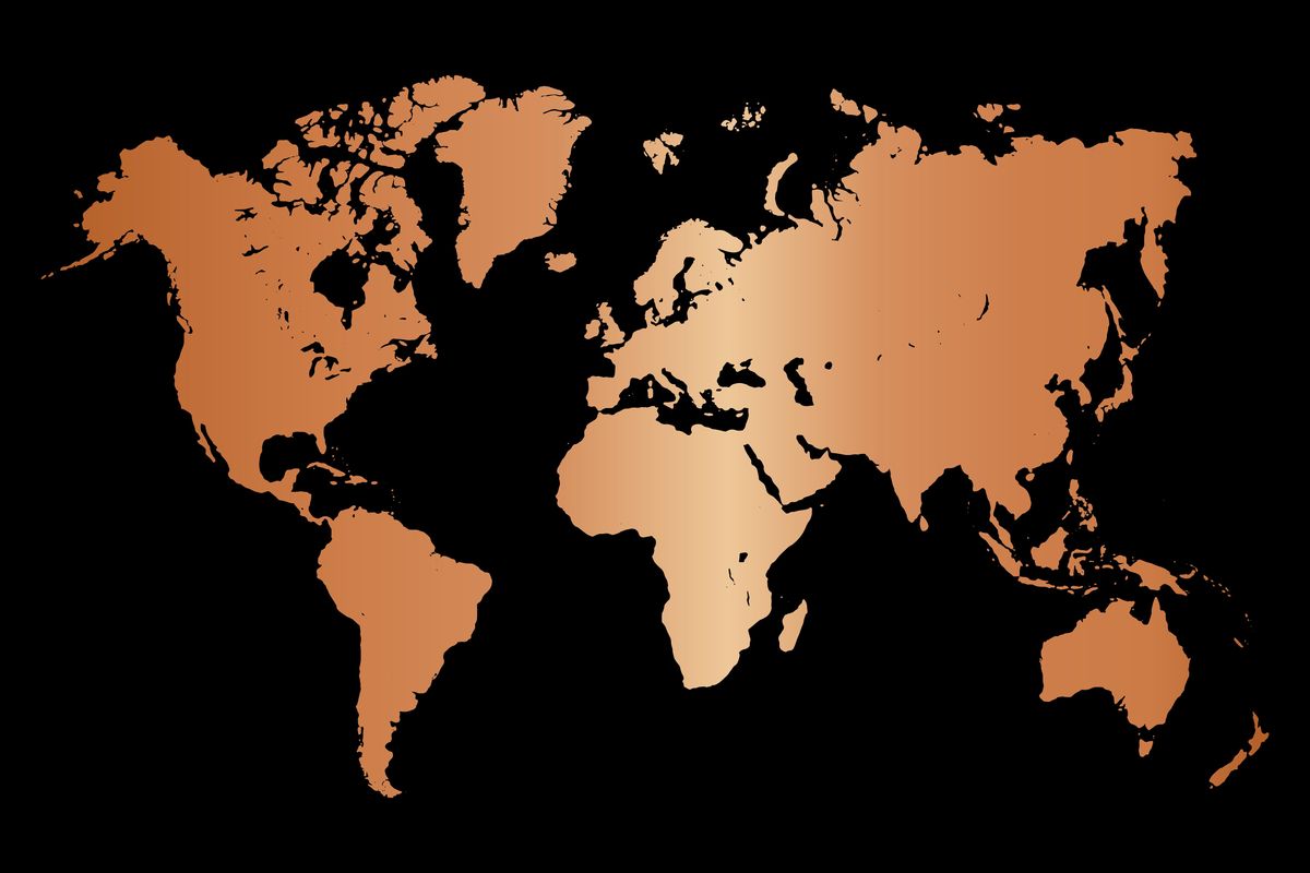 world map with copper-colored landmasses on a black background