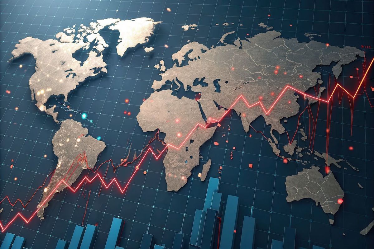 World map with rising red financial graph and bar charts.
