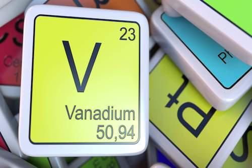 Yellow Vanadium element tile with atomic number 23 and mass 50.94, among other tiles.
